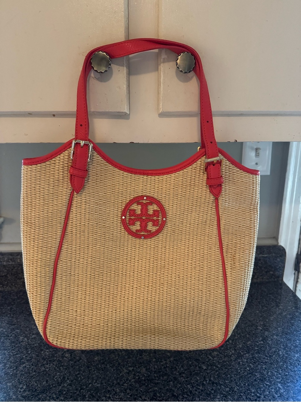 Tory Burch Raffia Straw Tote with Poppy Red Trim